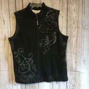 Vincente Milan New York Paris Black Sleeveless Vest with Silver Swirl Design L